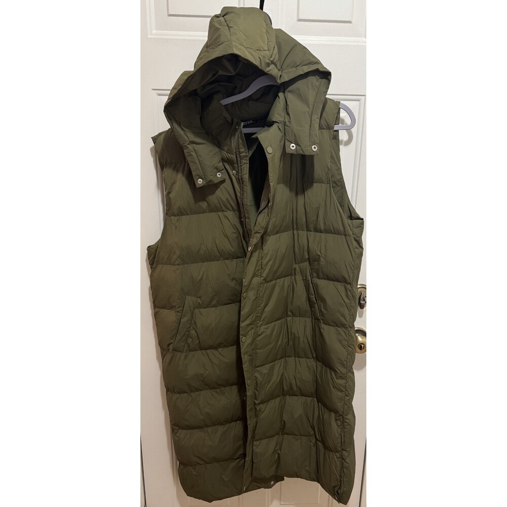 Nwot Womens BTFBM Olive Green Full Length Hooded Puffer Vest XL